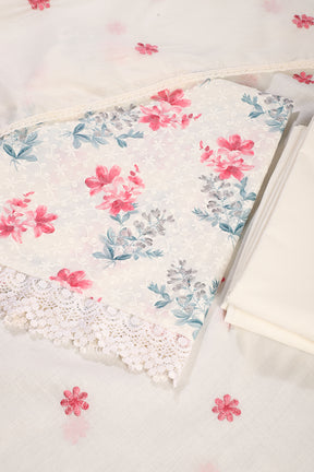 White & Cherry Color Cotton Floral Printed & Resham Embroidered Unstitched Suit Fabric