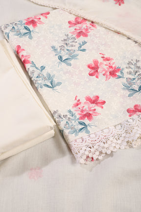 White & Cherry Color Cotton Floral Printed & Resham Embroidered Unstitched Suit Fabric