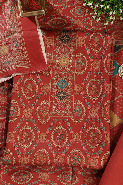 Rust Pashmina Digital Printed Unstitched Suit Material