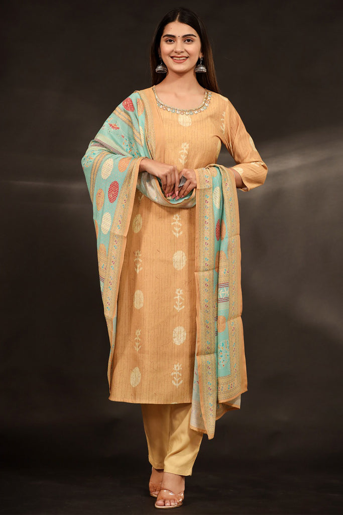 Mustard Color Muslin Printed Straight Suit