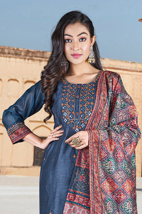 Grey Color Embroidered Chanderi Suit