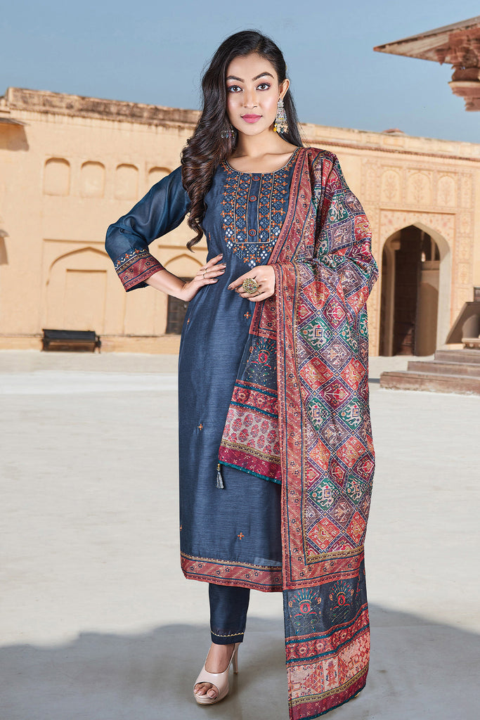 Grey Color Embroidered Chanderi Suit