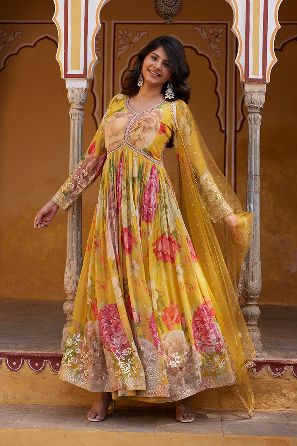 Mustard Color Printed Georgette Anarkali Suit