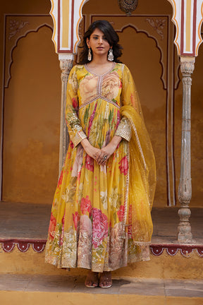 Mustard Color Printed Georgette Anarkali Suit