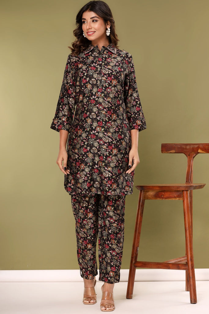 Black Color Printed Muslin Co-Ord Set
