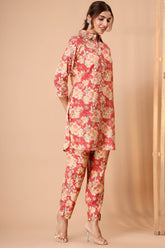 Coral Color Muslin Printed Co-Ord Dress