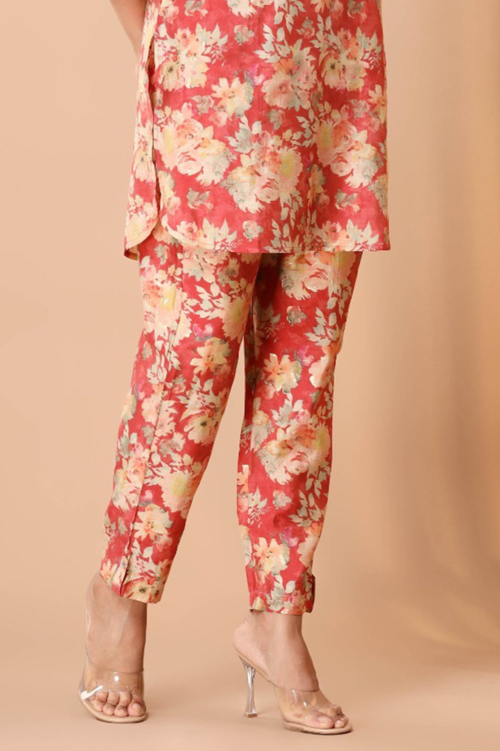 Coral Color Muslin Printed Co-Ord Dress