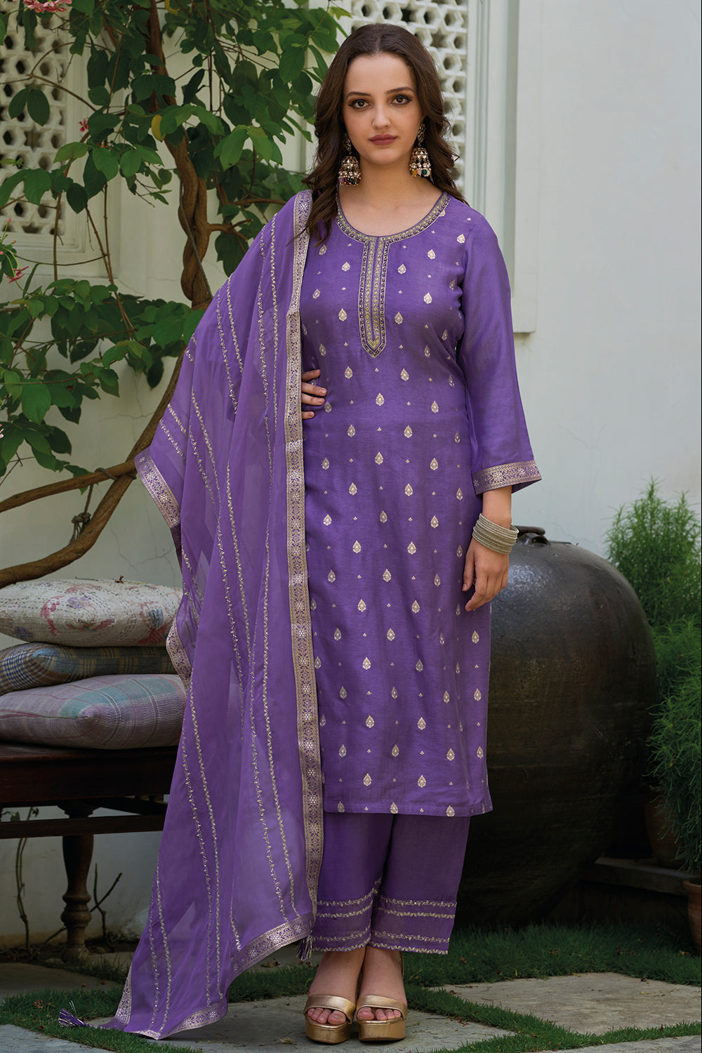 Purple Green Color Silk Woven Straight Suit