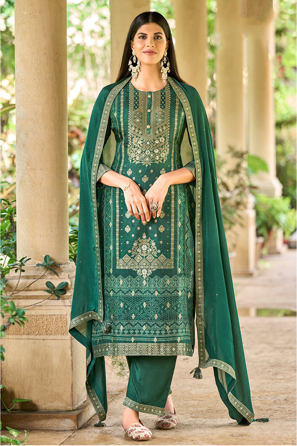 Bottle Green Color Silk Woven Straight Suit