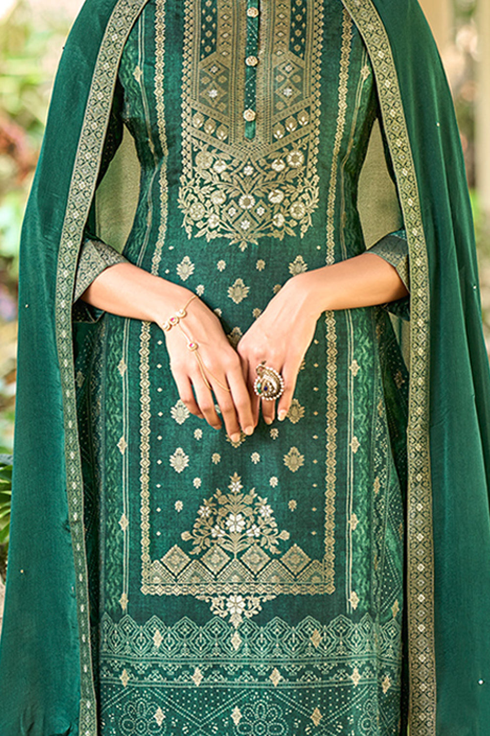 Bottle Green Color Silk Woven Straight Suit