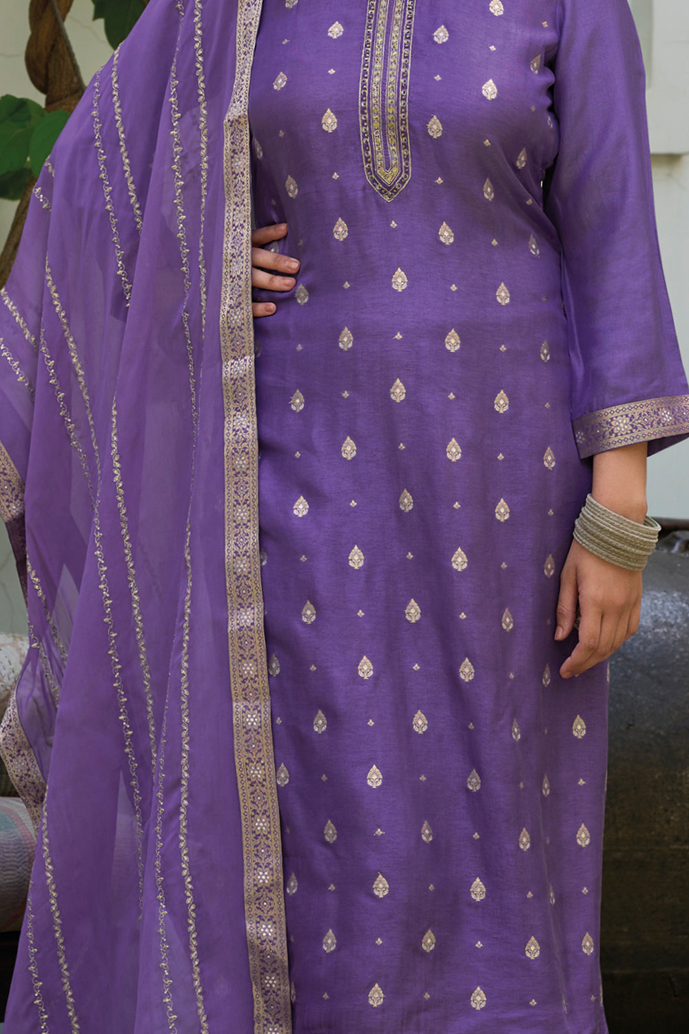 Purple Green Color Silk Woven Straight Suit
