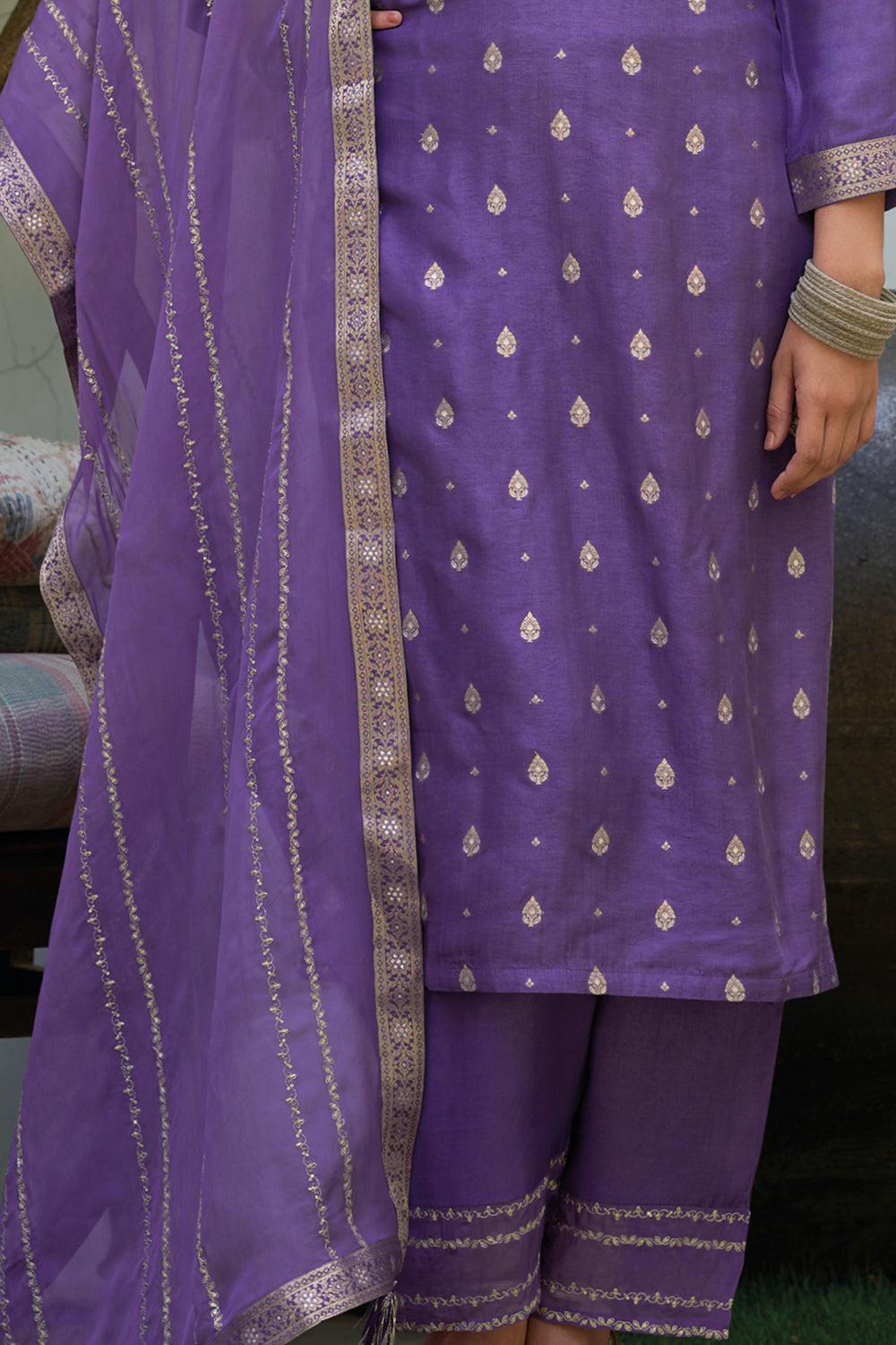 Purple Green Color Silk Woven Straight Suit