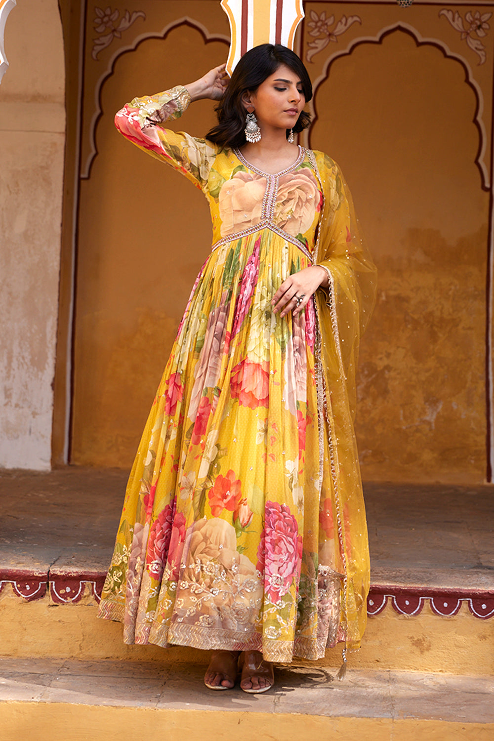Mustard Color Printed Georgette Anarkali Suit