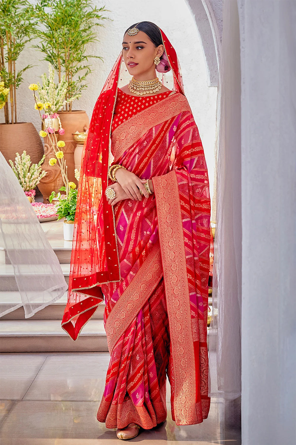 Red Color Khhadi Silk Woven Bandhani Printed Saree