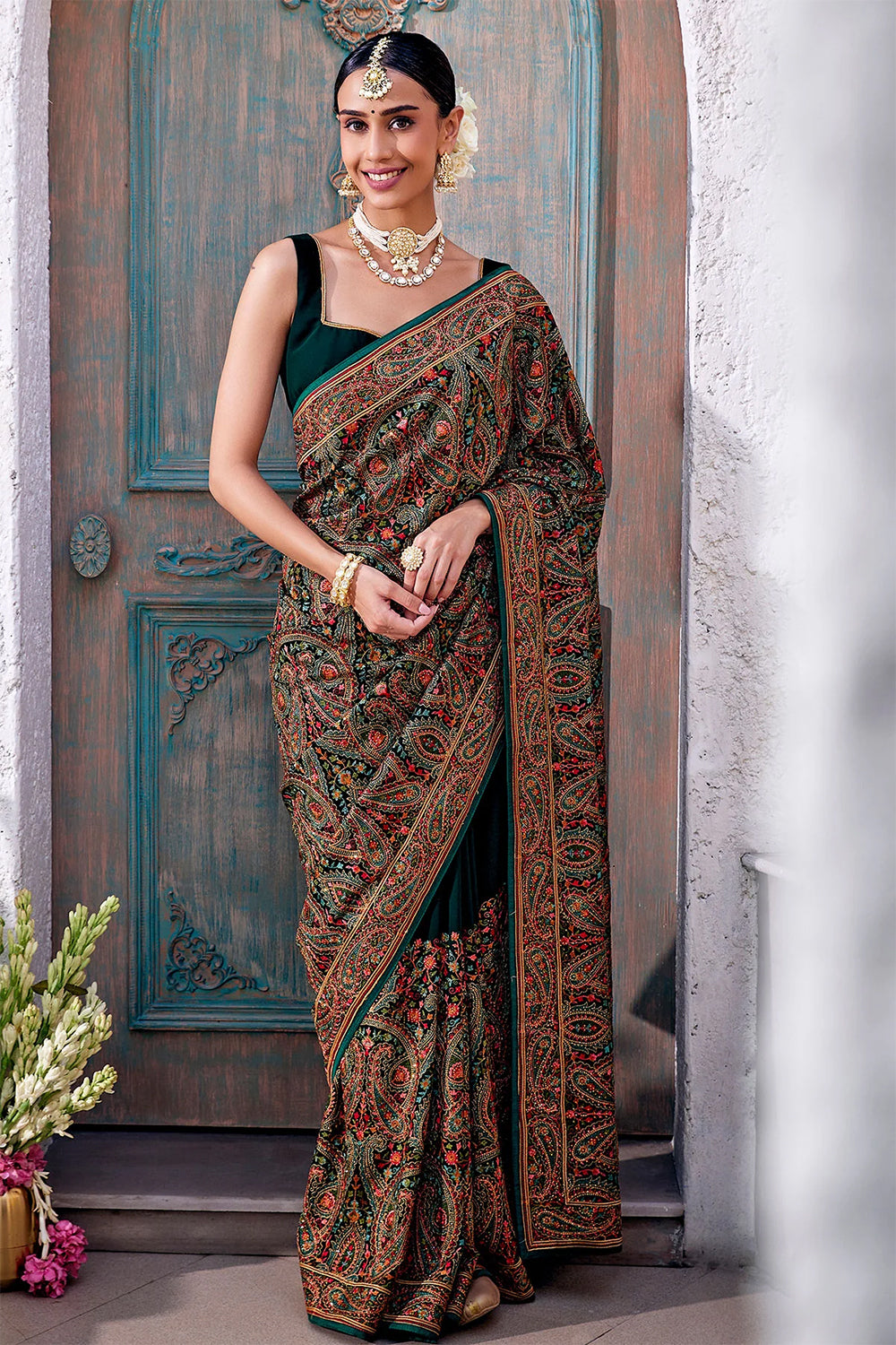 Bottle Green Color Embroidered Georgette Saree