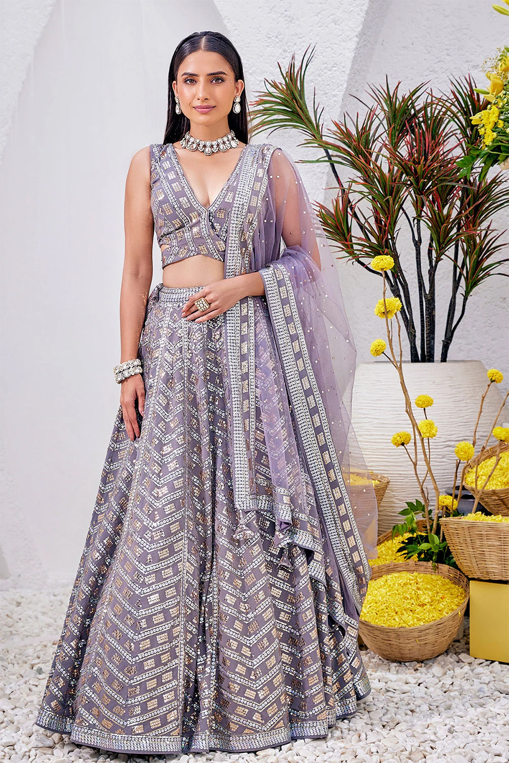 Grey Color Sequins Embroidered Georgette Lehenga