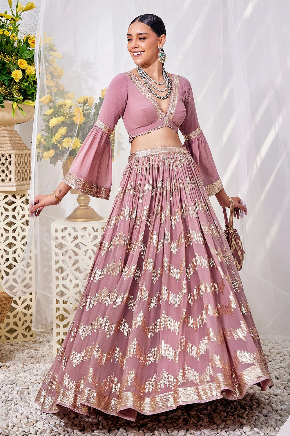 Mauve Color Sequins Embroidered Georgette Lehenga