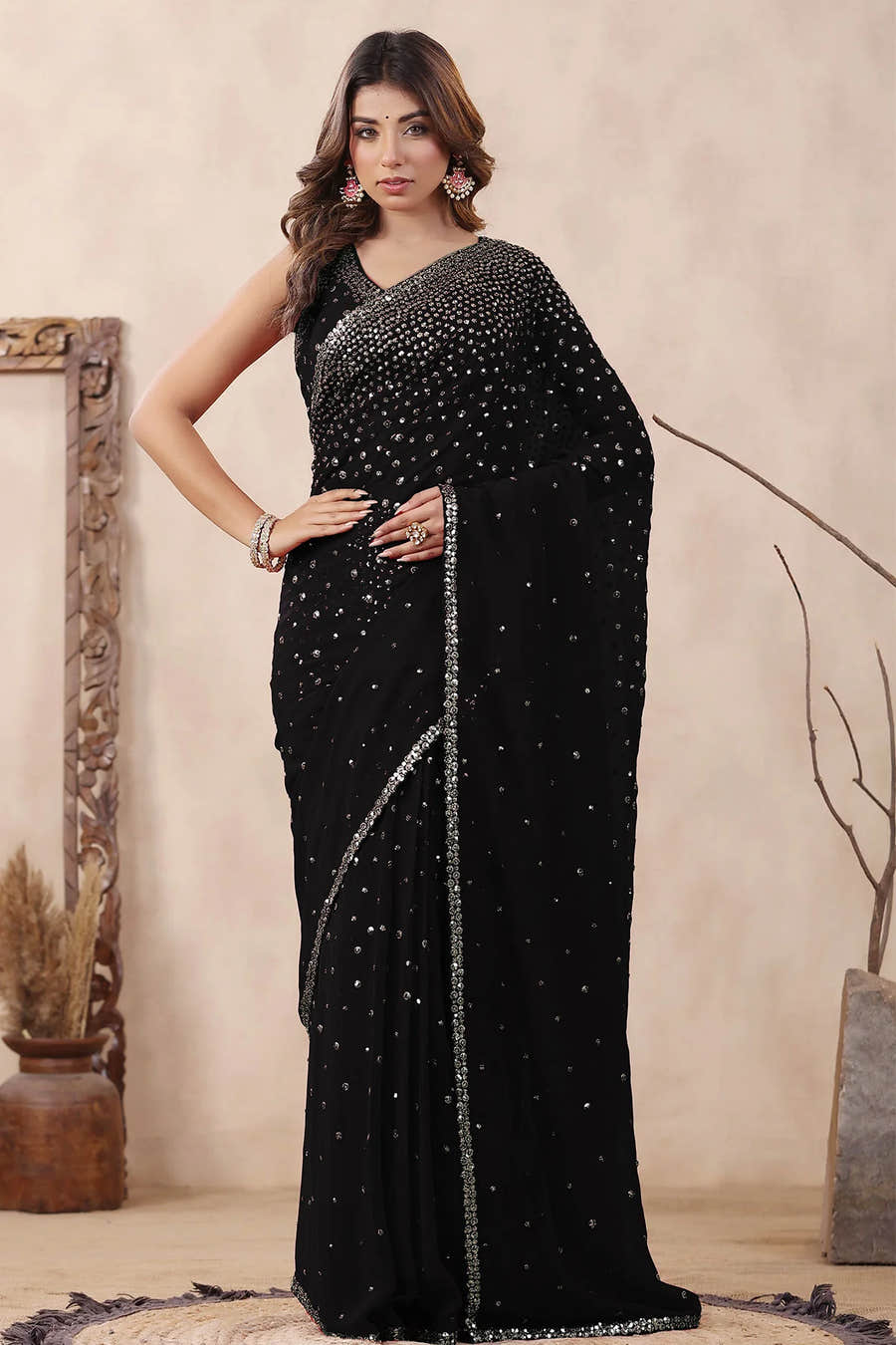 Black Color Embroidered Georgette Saree With Readymade Blouse