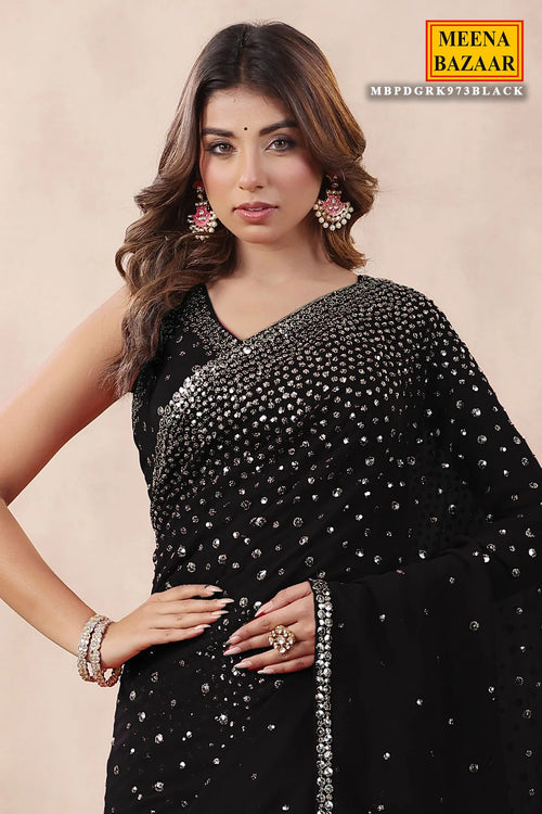 Black Color Embroidered Georgette Saree With Readymade Blouse