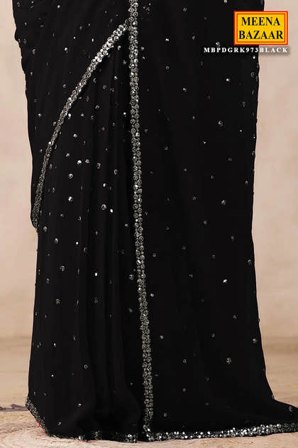 Black Color Embroidered Georgette Saree With Readymade Blouse