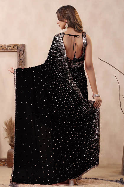 Black Color Embroidered Georgette Saree With Readymade Blouse