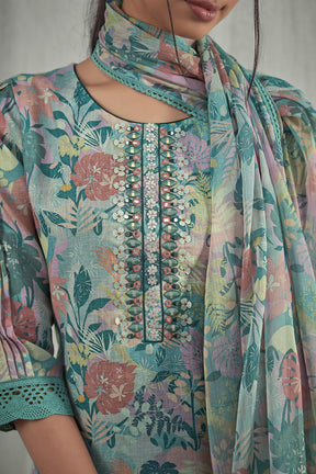 Mint Green Color Linen Printed Suit