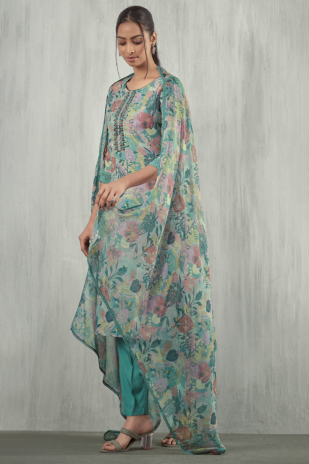 Mint Green Color Linen Printed Suit