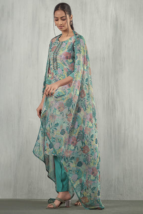 Mint Green Color Linen Printed Suit