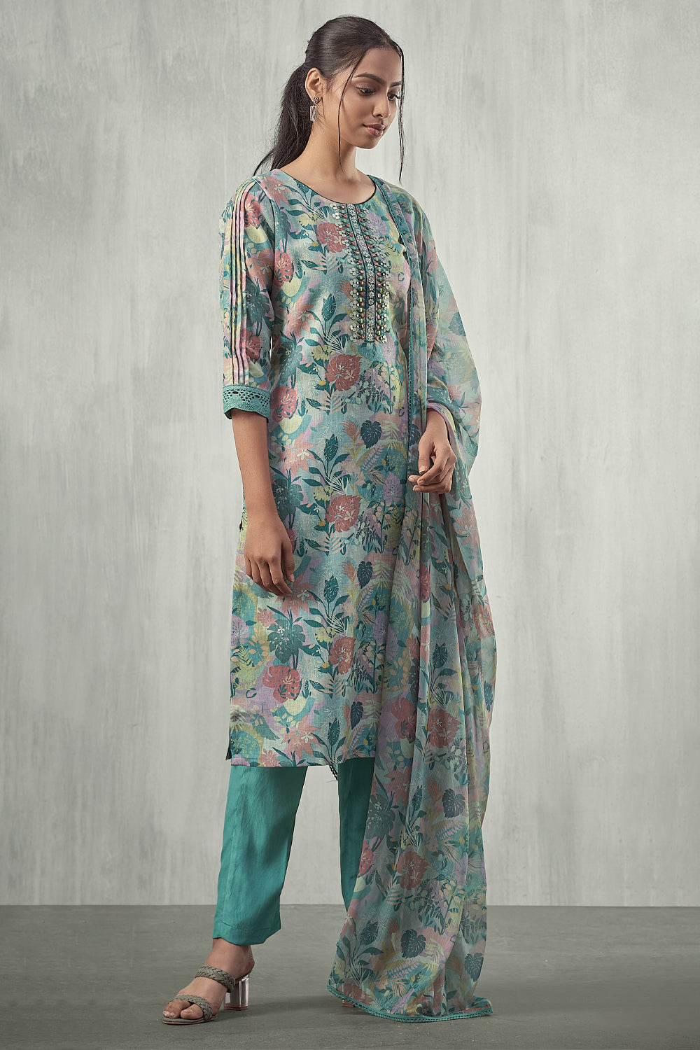Mint Green Color Linen Printed Suit