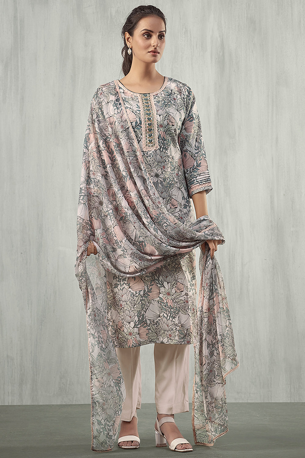 Beige and Peach Color Linen Printed Suit