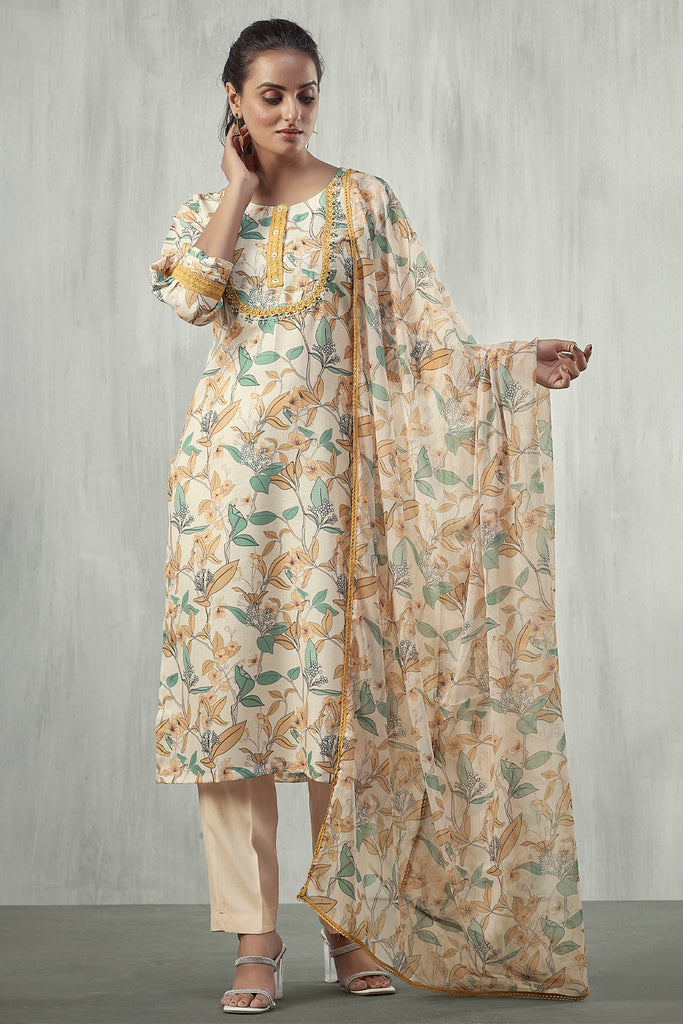 Beige and Mustard Color Linen Printed Suit