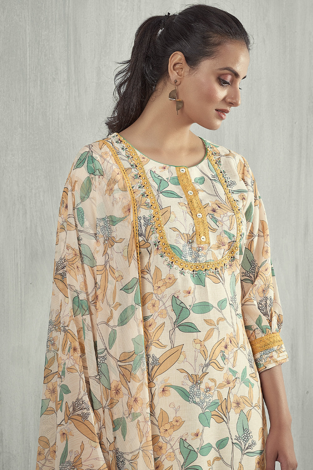 Beige and Mustard Color Linen Printed Suit