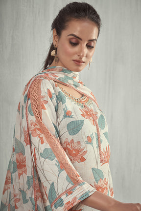 Cream & Orange Color Linen Printed Suit