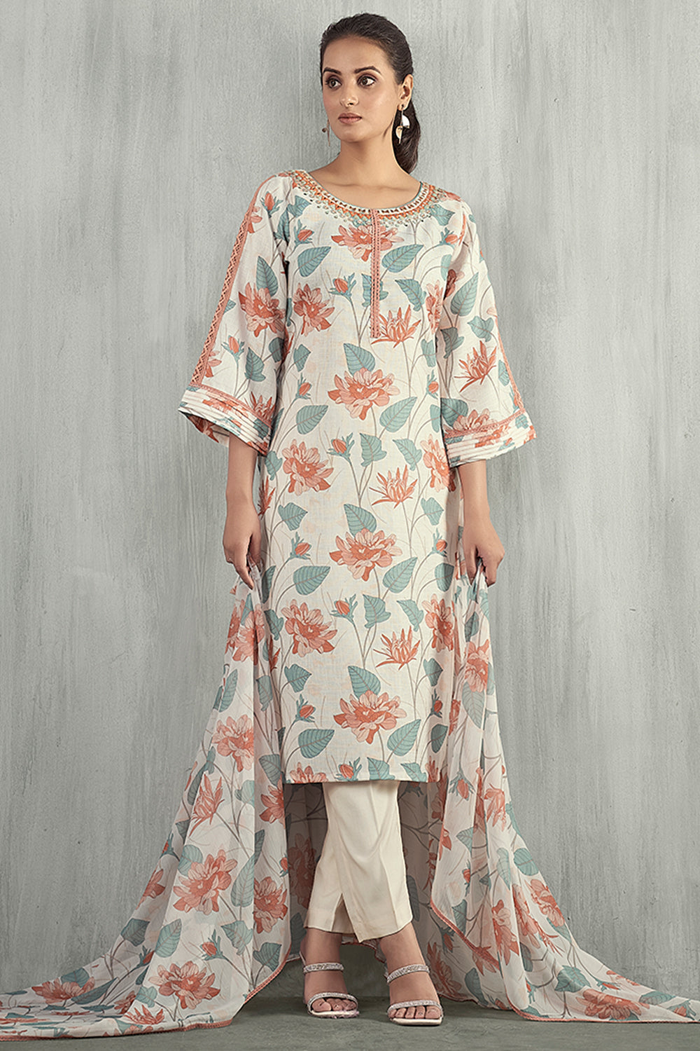 Cream & Orange Color Linen Printed Suit