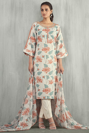 Cream & Orange Color Linen Printed Suit