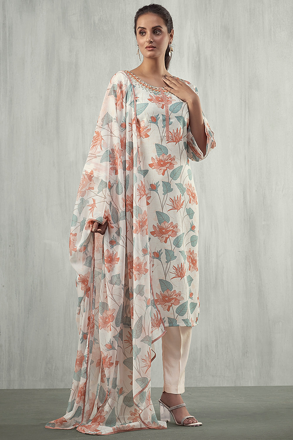 Cream & Orange Color Linen Printed Suit