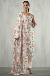 Cream & Orange Color Linen Printed Suit