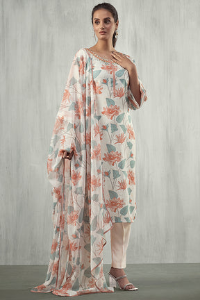 Cream & Orange Color Linen Printed Suit