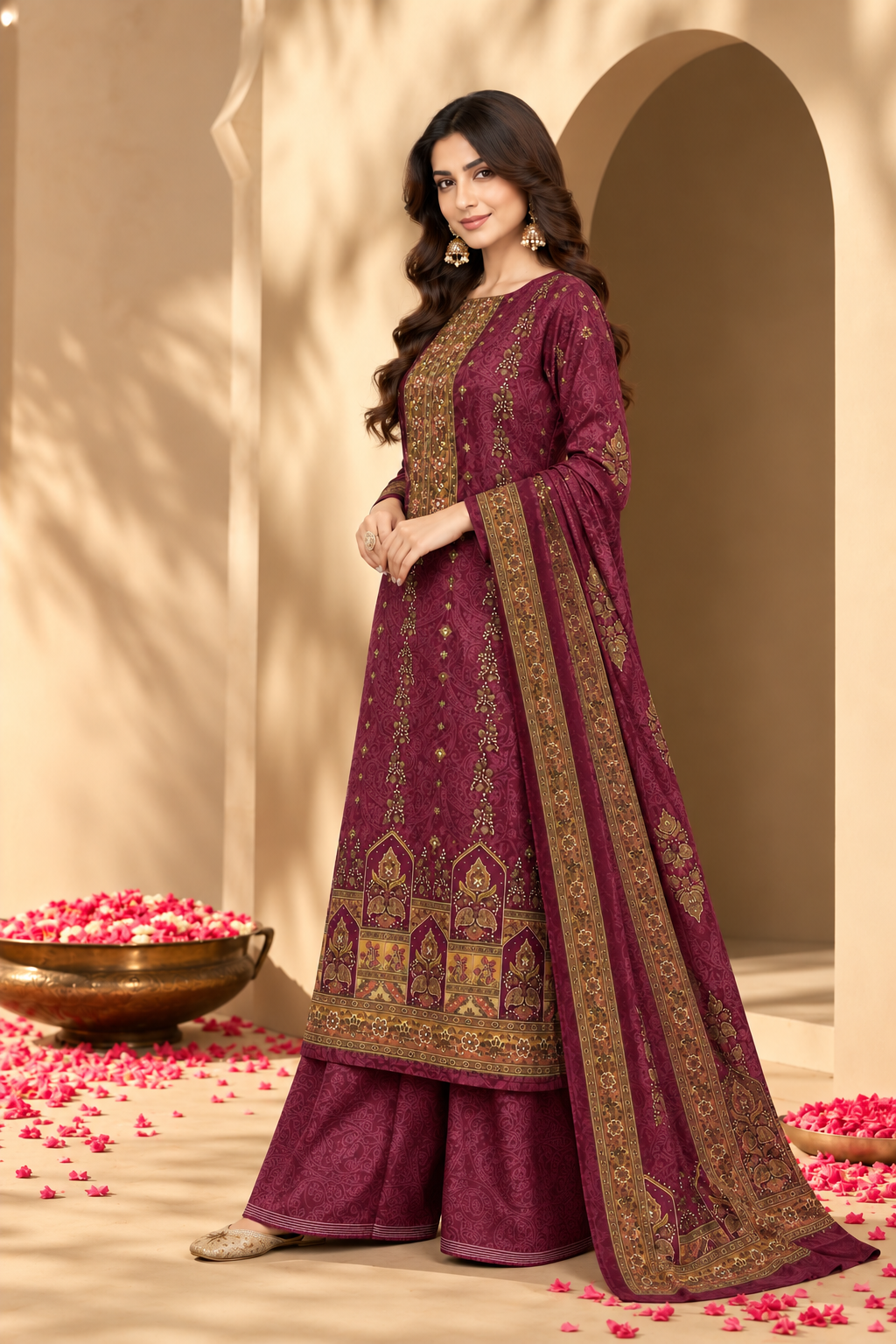 Wine Velvet Digital Printed Unstitched Suit Fabric