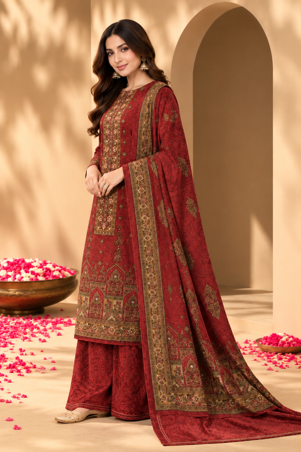 Maroon Velvet Digital Printed Unstitched Suit Fabric