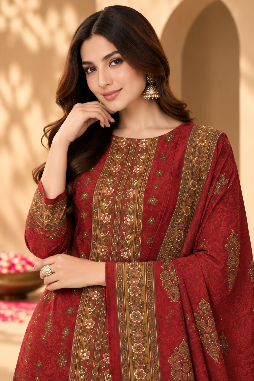 Maroon Velvet Digital Printed Unstitched Suit Fabric