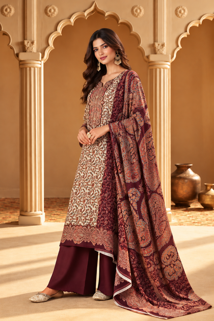 Beige & Wine Pashmina Floral Digital Printed Unstitched Suit Material