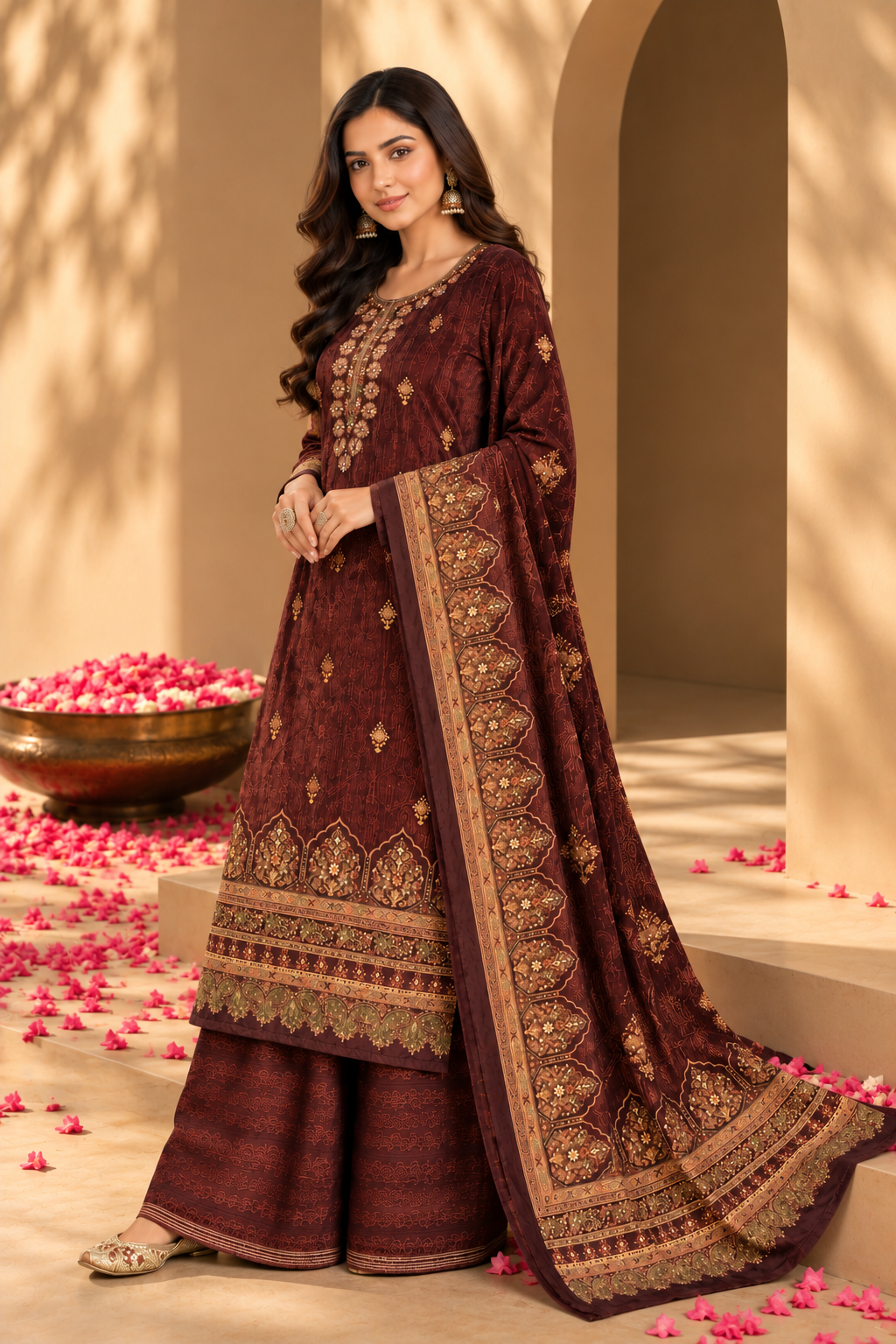 Maroon Color Velvet Digital Printed Unstitched Suit Material