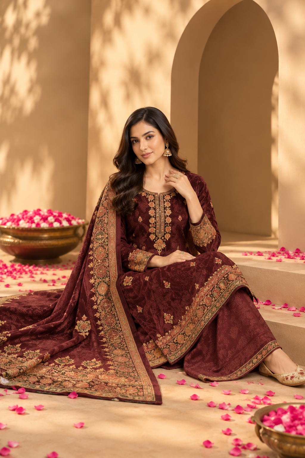Maroon Color Velvet Digital Printed Unstitched Suit Material