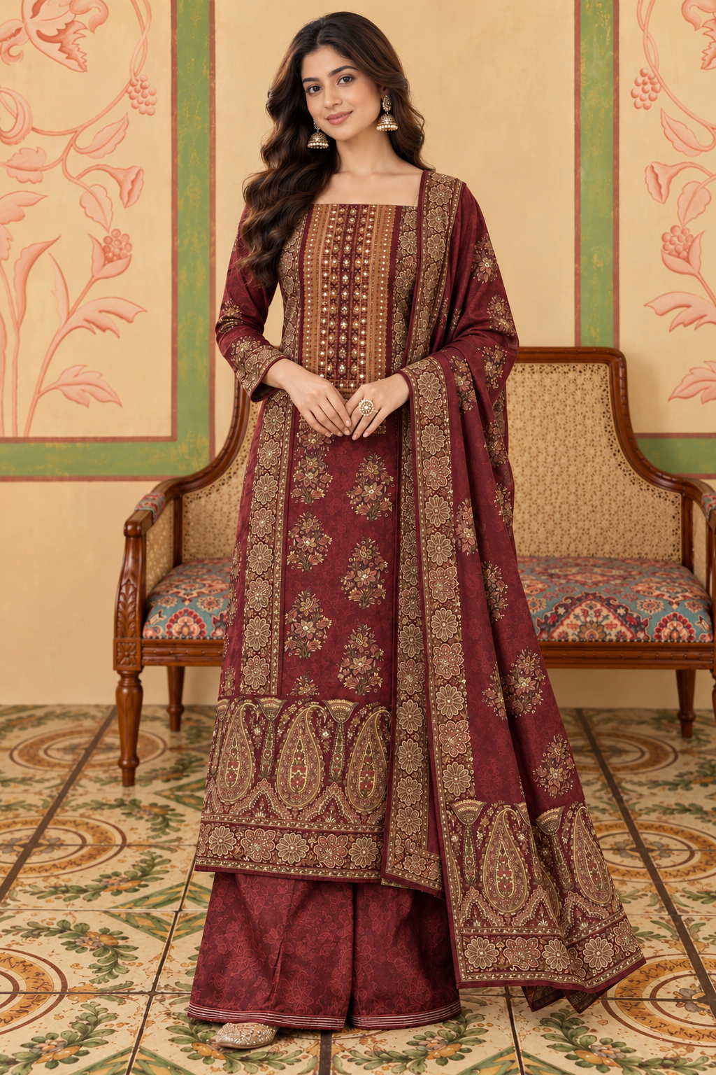 Maroon Velvet Printed Unstitched Suit Material