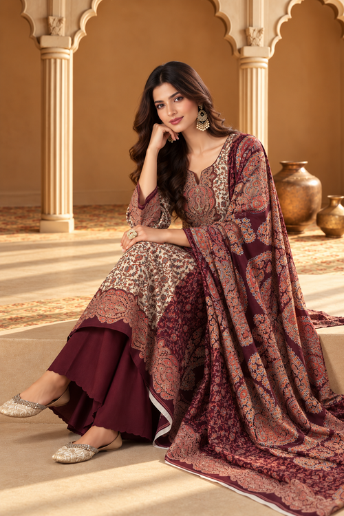Beige & Wine Pashmina Floral Digital Printed Unstitched Suit Material
