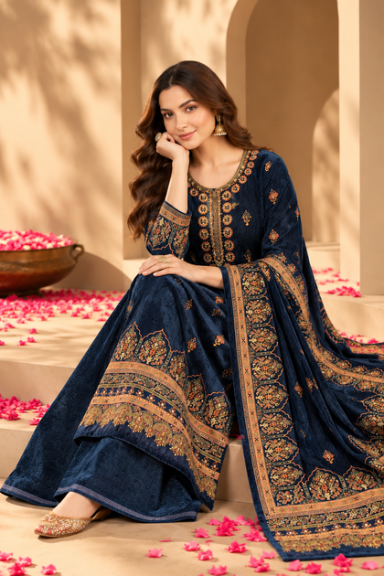 Navy Color Velvet Digital Printed Unstitched Suit Material
