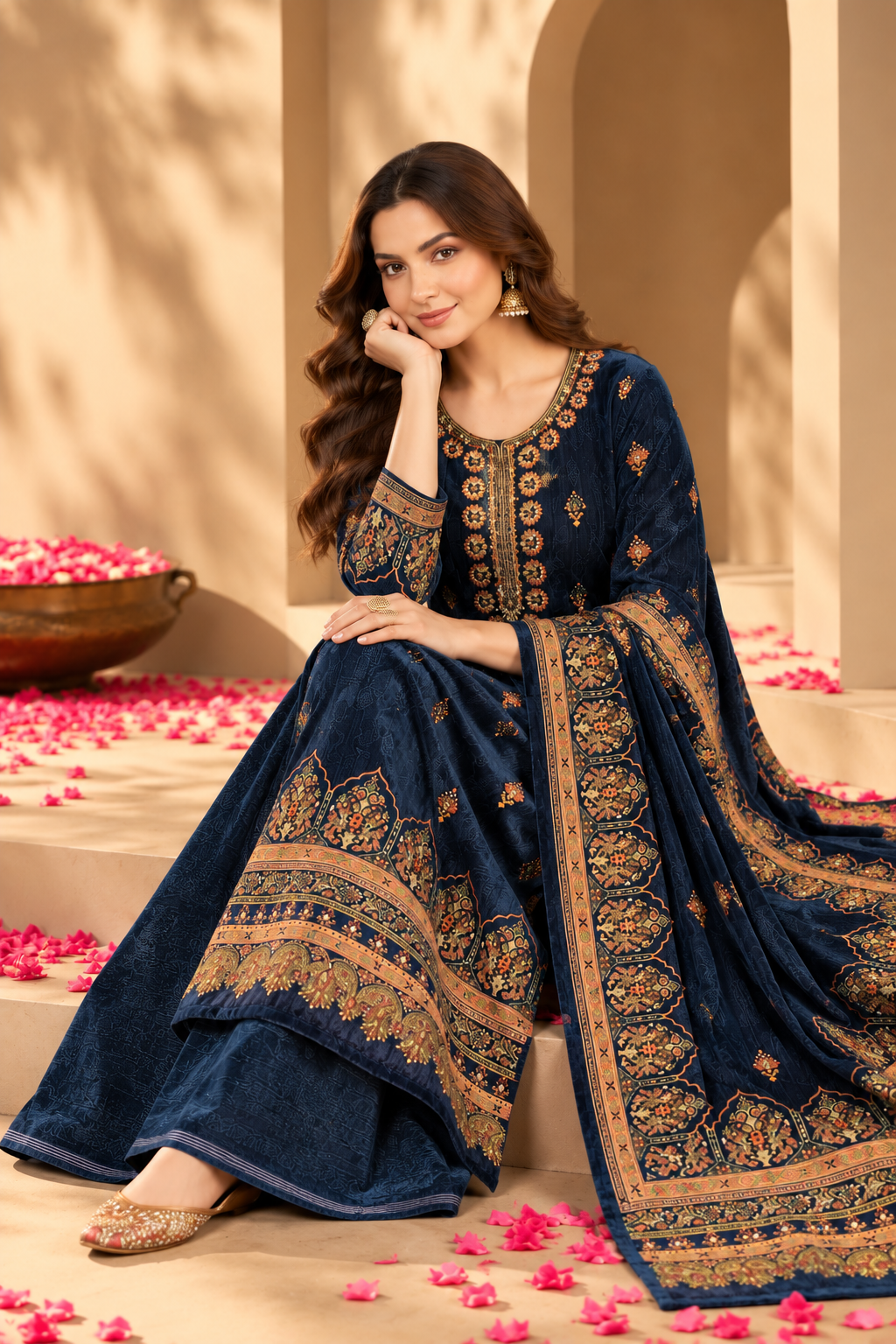 Navy Color Velvet Digital Printed Unstitched Suit Material