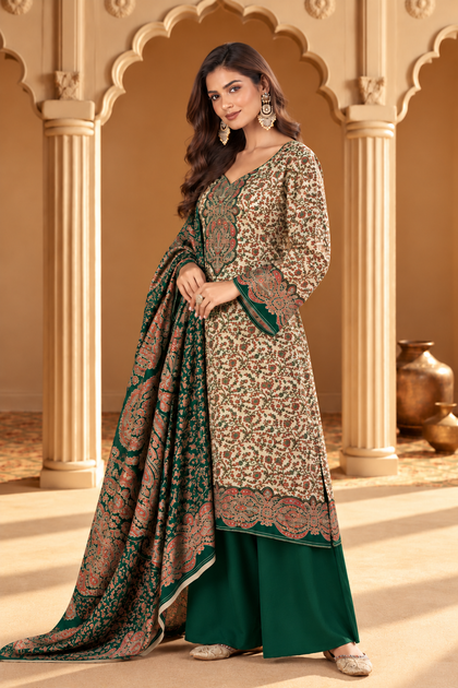 Beige & Green Pashmina Floral Digital Printed Unstitched Suit Material
