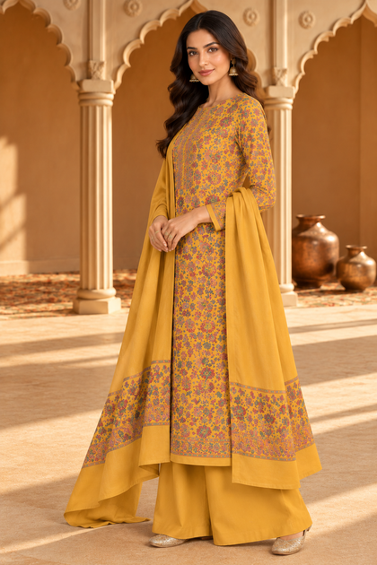 Mustard Floral Resham Woven Pashmina Unstitched Suit Fabric